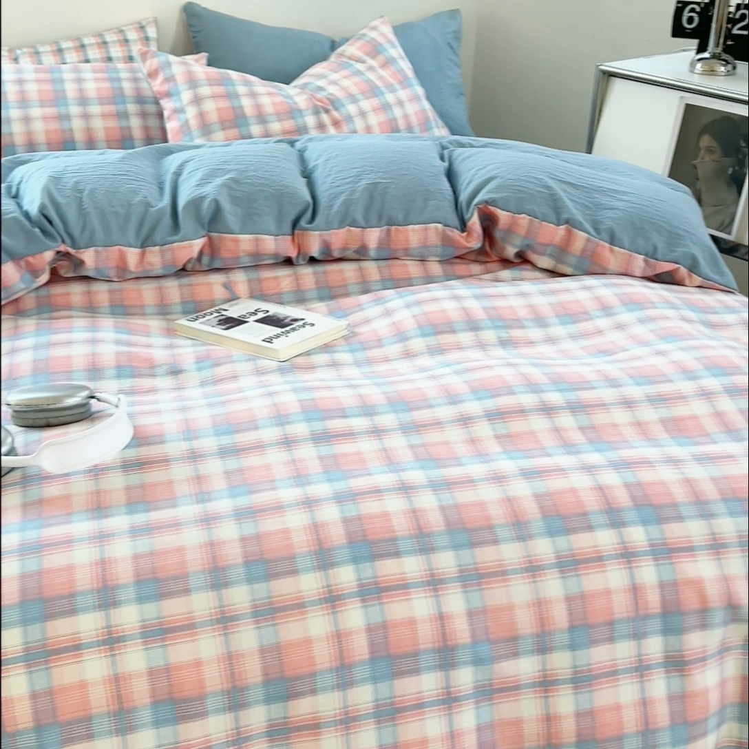 91家纺网 家纺一手货源 找家纺 （总）贝拉梦家纺 2024新款日式简约格子系水洗棉床单款床笠款套件系列-单被套