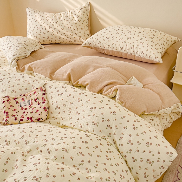 91家纺网 家纺一手货源 找家纺 木楌  2025新款全棉A类皱皱纱印花四件套 芮芮花