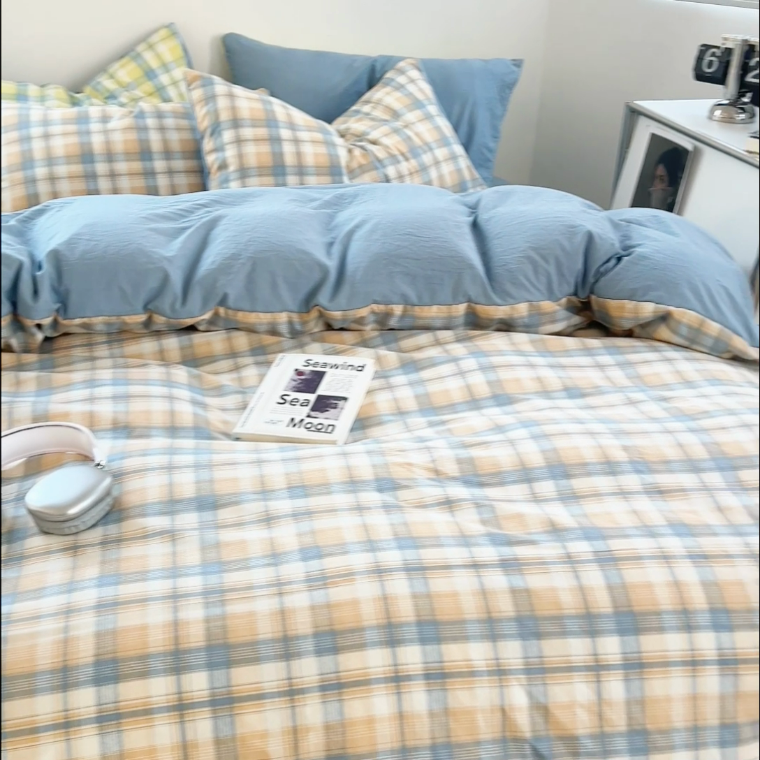 91家纺网 家纺一手货源 找家纺 贝拉梦家纺 2024新款日式简约款格子系水洗棉四件套套件系列-四件套 贝拉-咖