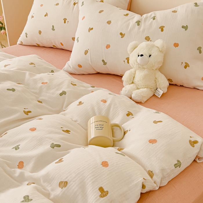 91家纺网 家纺一手货源 找家纺 木楌  2025新款全棉A类皱皱纱印花四件套 小彩蘑