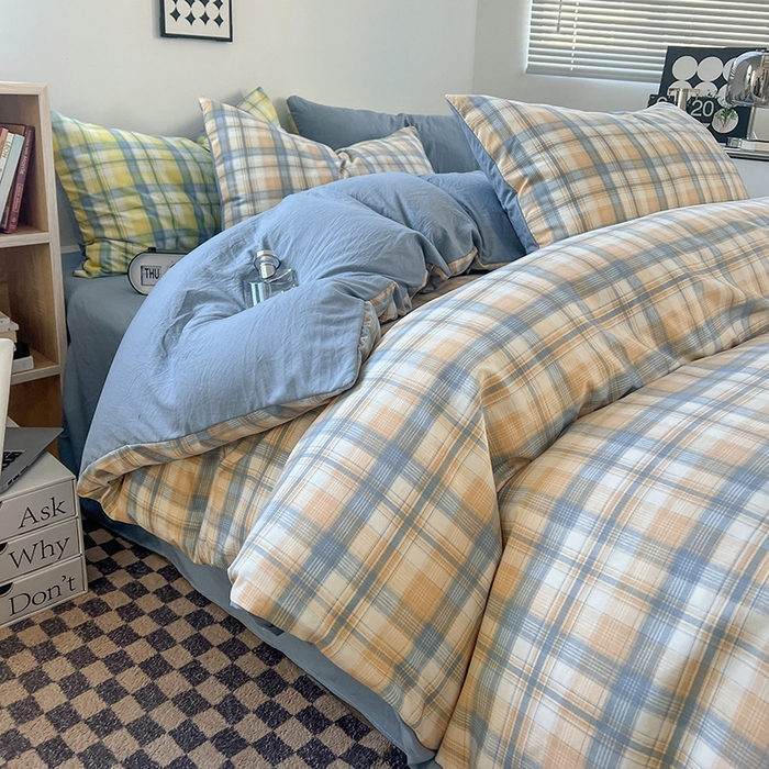 91家纺网 家纺一手货源 找家纺 贝拉梦家纺 2024新款日式简约格子系水洗棉床单款床笠款套件系列-单被套 贝拉-咖