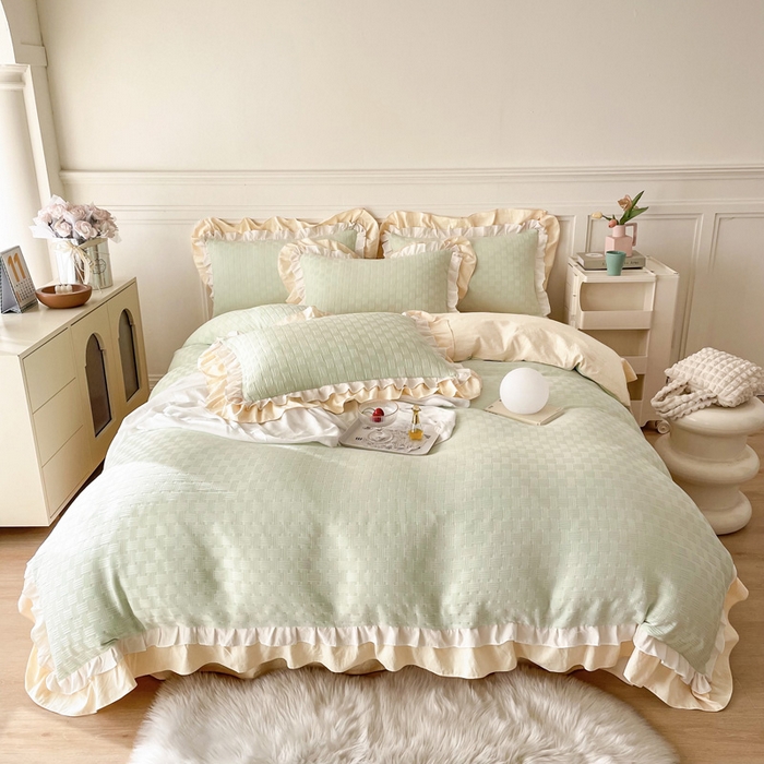 91家纺网 家纺一手货源 找家纺 布可家纺 2025新款泡泡纱水洗双层边四件套-欢乐颂系列 欢乐颂-绿