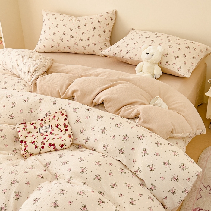 91家纺网 家纺一手货源 找家纺 木楌  2025新款全棉A类皱皱纱印花四件套 洛依