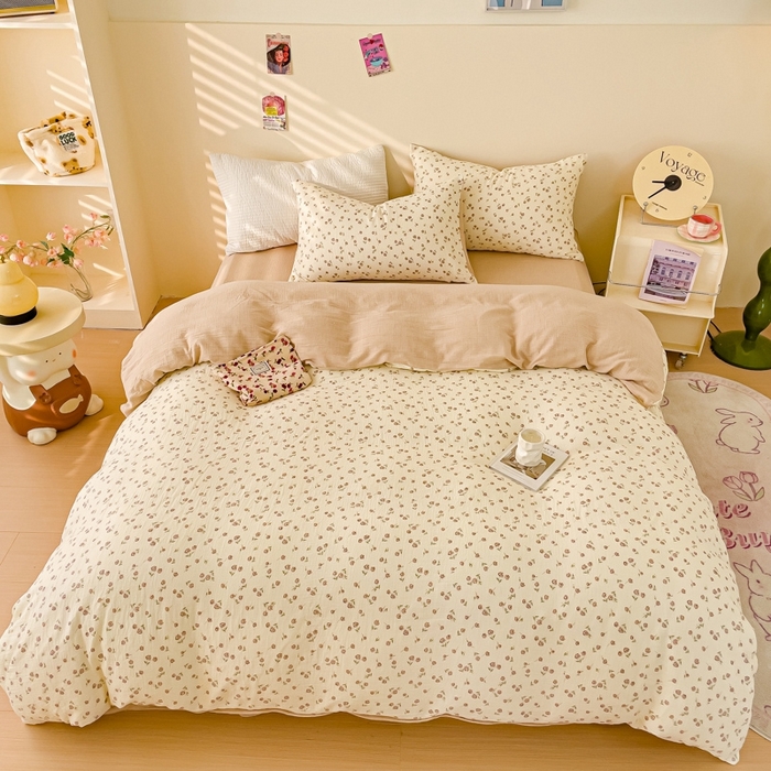 91家纺网 家纺一手货源 找家纺 木楌  2025新款全棉A类皱皱纱印花四件套 芮芮花