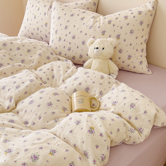 91家纺网 家纺一手货源 找家纺 木楌  2025新款全棉A类皱皱纱印花四件套 紫萱