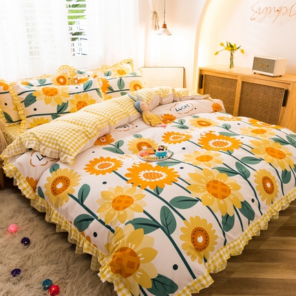 91家纺网 家纺一手货源 找家纺 秋艳2023新款直播电商爆款韩版公主风加厚磨毛植物羊绒床裙四件套 向日葵