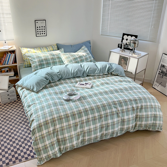 91家纺网 家纺一手货源 找家纺 贝拉梦家纺 2024新款日式简约格子系水洗棉床单款床笠款套件系列-单被套 简兮-绿