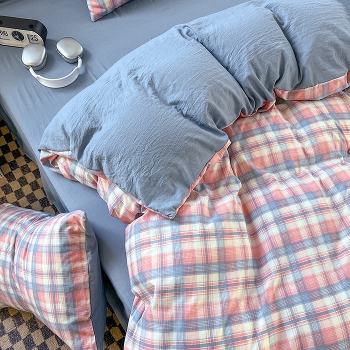 91家纺网 家纺一手货源 找家纺 （总）贝拉梦家纺 2024新款日式简约格子系水洗棉床单款床笠款套件系列-单被套