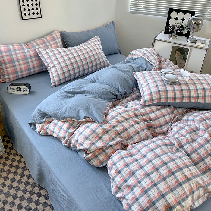 91家纺网 家纺一手货源 找家纺 贝拉梦家纺 2024新款日式简约款格子系水洗棉四件套套件系列-四件套 瑞贝卡
