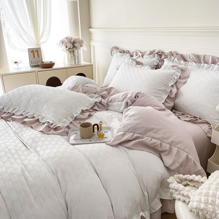 91家纺网 家纺一手货源 找家纺 布可家纺 2025新款泡泡纱水洗双层边四件套-欢乐颂系列 欢乐颂-奶茶