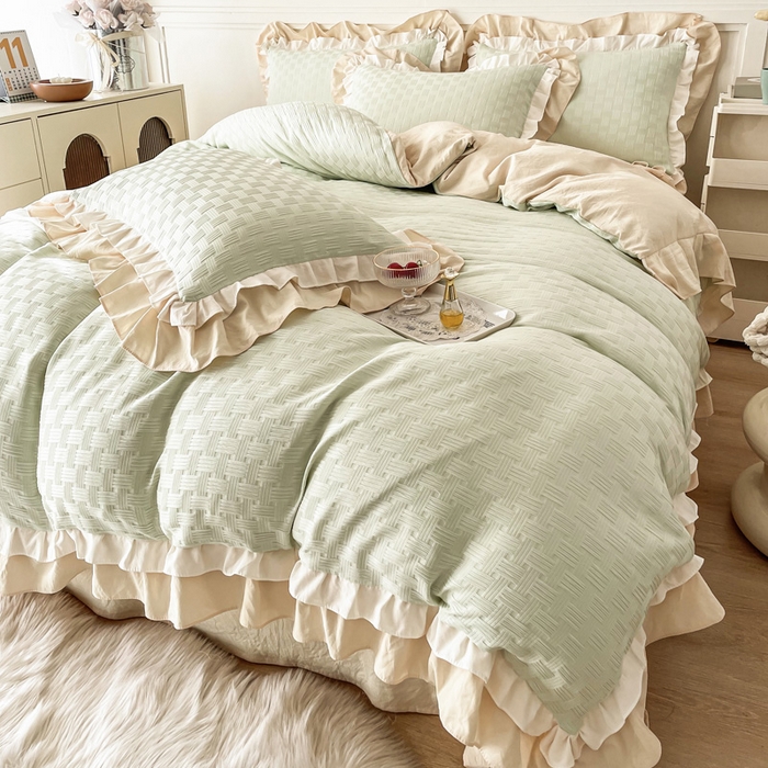 91家纺网 家纺一手货源 找家纺 布可家纺 2025新款泡泡纱水洗双层边四件套-欢乐颂系列 欢乐颂-绿