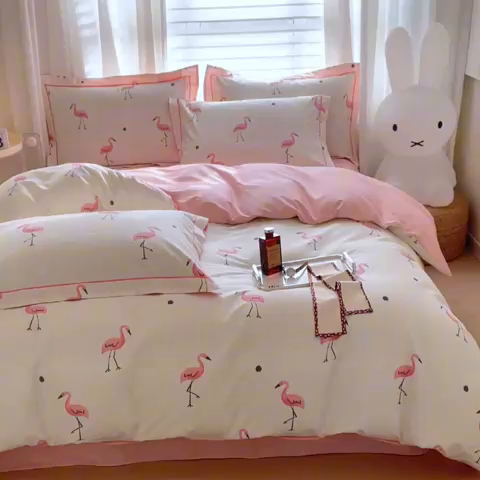 91家纺网 家纺一手货源 找家纺 曼秀琳家纺 2024新款活性全棉印花四件套 火烈鸟-米