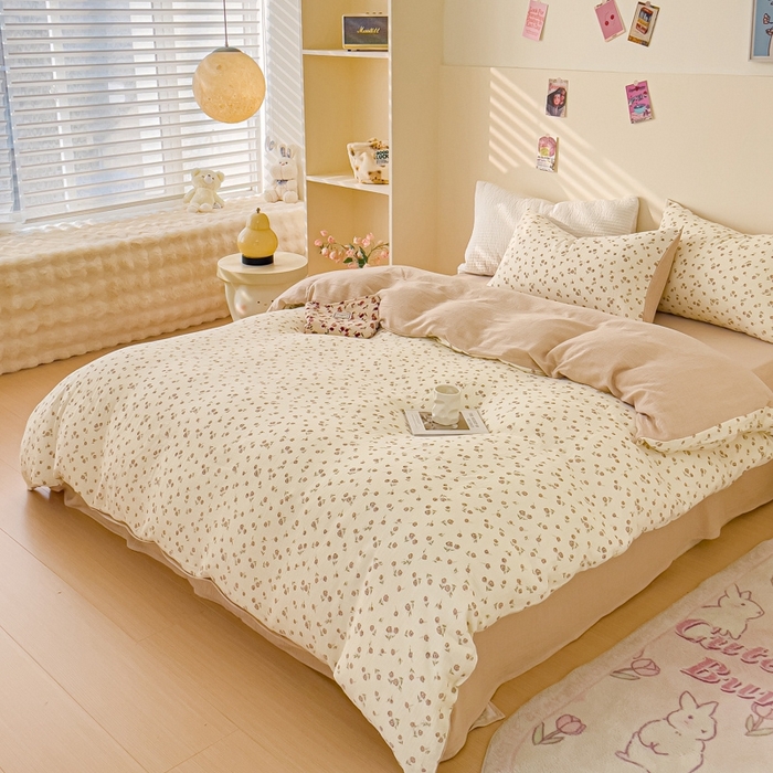 91家纺网 家纺一手货源 找家纺 木楌  2025新款全棉A类皱皱纱印花四件套 芮芮花