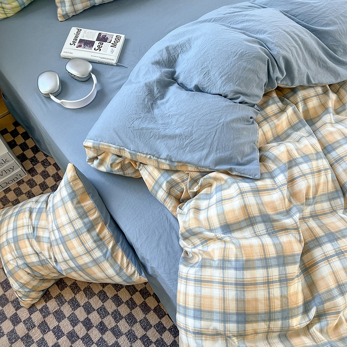 91家纺网 家纺一手货源 找家纺 贝拉梦家纺 2024新款日式简约款格子系水洗棉四件套套件系列-四件套 贝拉-咖