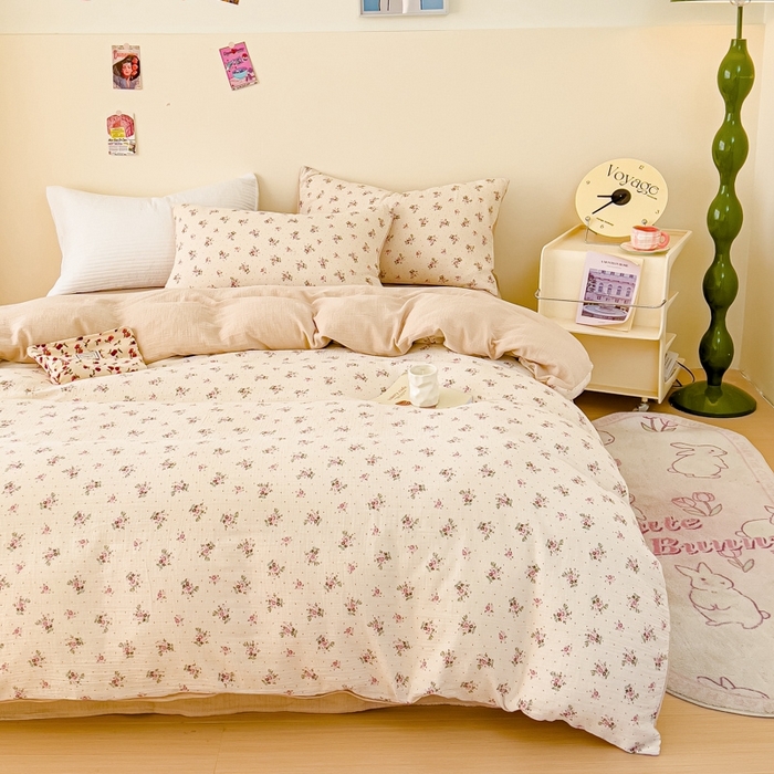 91家纺网 家纺一手货源 找家纺 木楌  2025新款全棉A类皱皱纱印花四件套 洛依