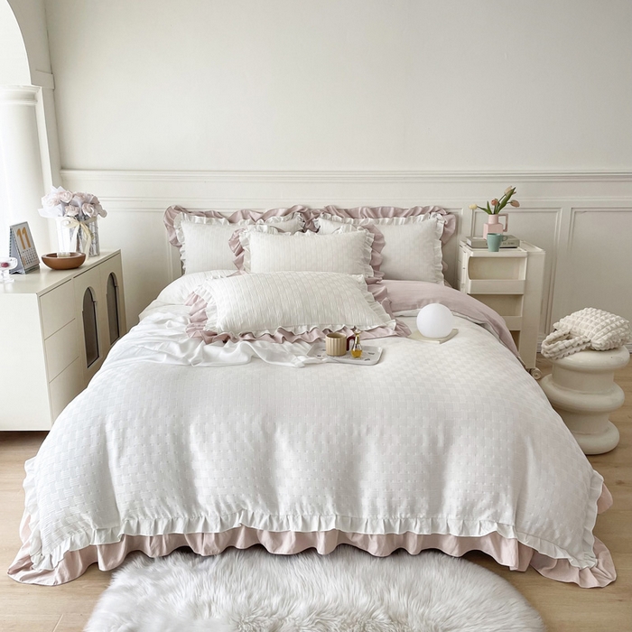 91家纺网 家纺一手货源 找家纺 布可家纺 2025新款泡泡纱水洗双层边四件套-欢乐颂系列 欢乐颂-奶茶