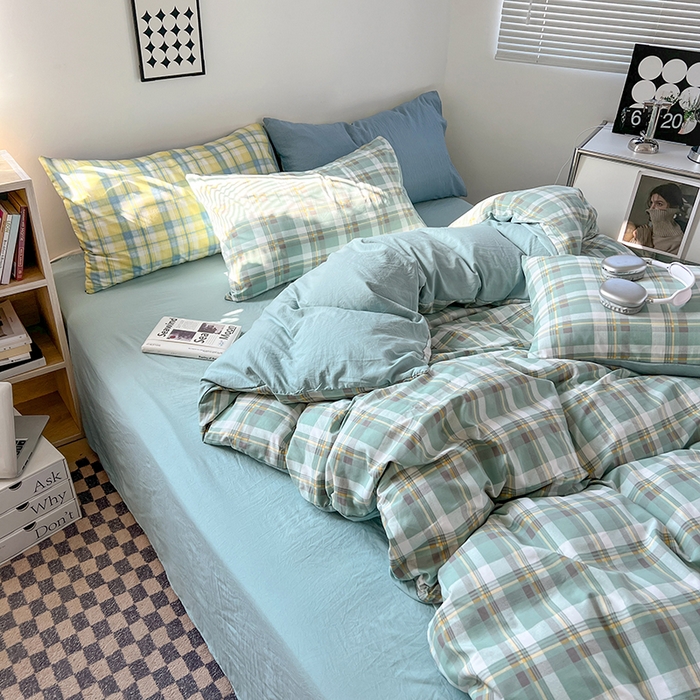 91家纺网 家纺一手货源 找家纺 贝拉梦家纺 2024新款日式简约款格子系水洗棉四件套套件系列-四件套 简兮-绿