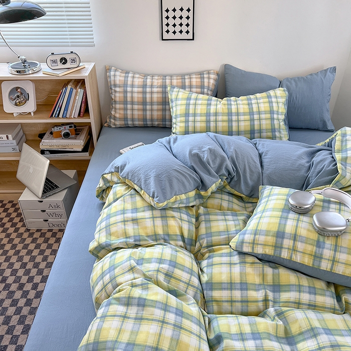 91家纺网 家纺一手货源 找家纺 贝拉梦家纺 2024新款日式简约款格子系水洗棉四件套套件系列-四件套 贝拉-黄