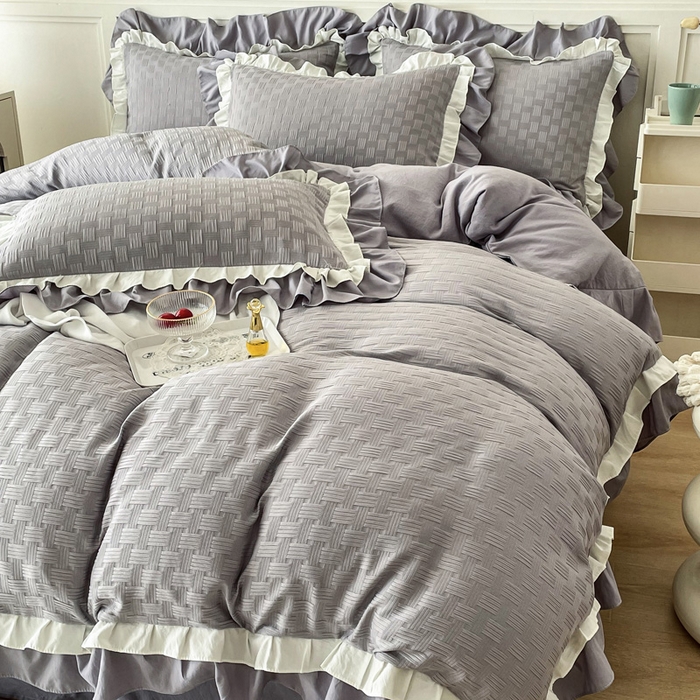 91家纺网 家纺一手货源 找家纺 布可家纺 2025新款泡泡纱水洗双层边四件套-欢乐颂系列 欢乐颂-灰