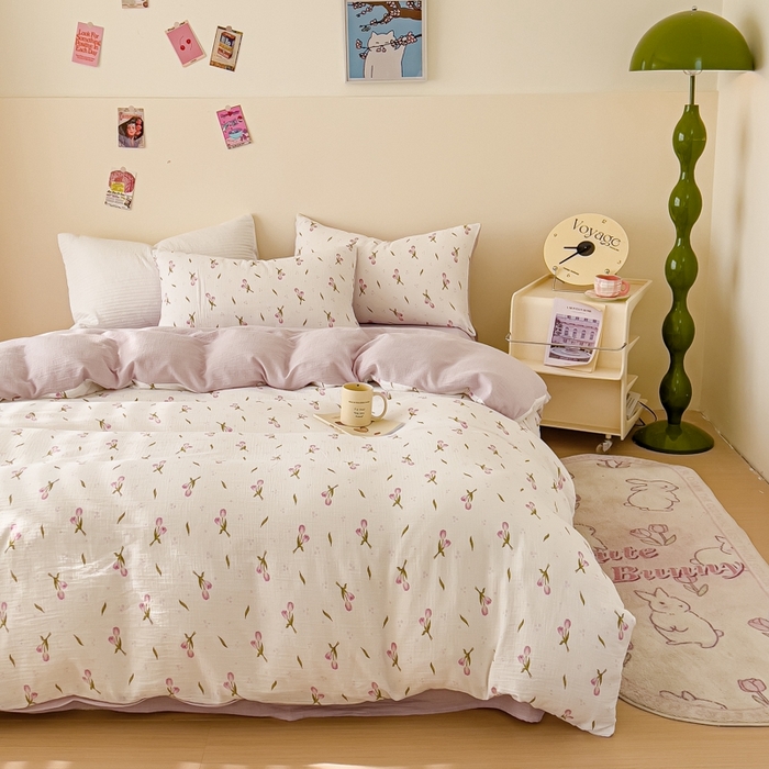 91家纺网 家纺一手货源 找家纺 木楌  2025新款全棉A类皱皱纱印花四件套 知音