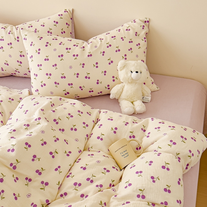 91家纺网 家纺一手货源 找家纺 木楌  2025新款全棉A类皱皱纱印花四件套 樱桃