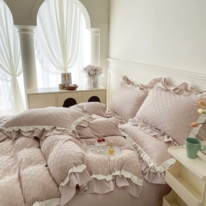 91家纺网 家纺一手货源 找家纺 布可家纺 2025新款泡泡纱水洗双层边四件套-欢乐颂系列 欢乐颂-卡其