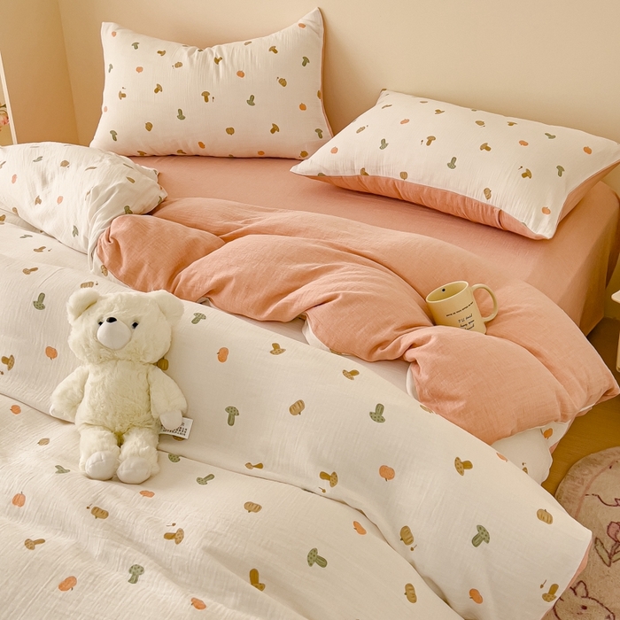 91家纺网 家纺一手货源 找家纺 木楌  2025新款全棉A类皱皱纱印花四件套 小彩蘑