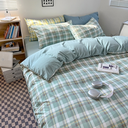 贝拉梦家纺 2024新款日式简约格子系水洗棉床单款床笠款套件系列-单被套 简兮-绿