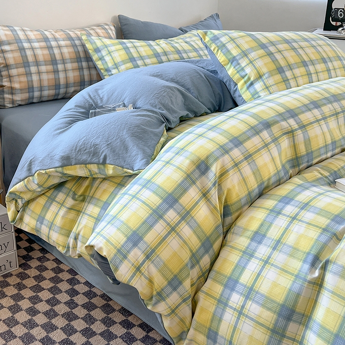 91家纺网 家纺一手货源 找家纺 贝拉梦家纺 2024新款日式简约格子系水洗棉床单款床笠款套件系列-单被套 贝拉-黄