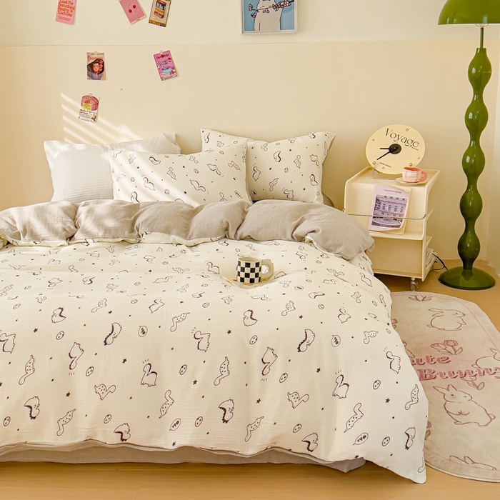 91家纺网 家纺一手货源 找家纺 木楌  2025新款全棉A类皱皱纱印花四件套 小恐龙