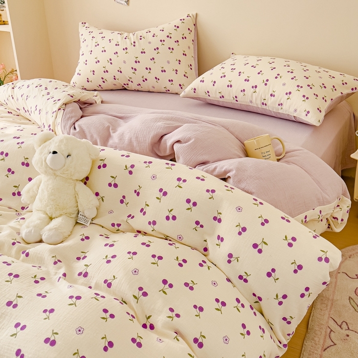 91家纺网 家纺一手货源 找家纺 木楌  2025新款全棉A类皱皱纱印花四件套 樱桃