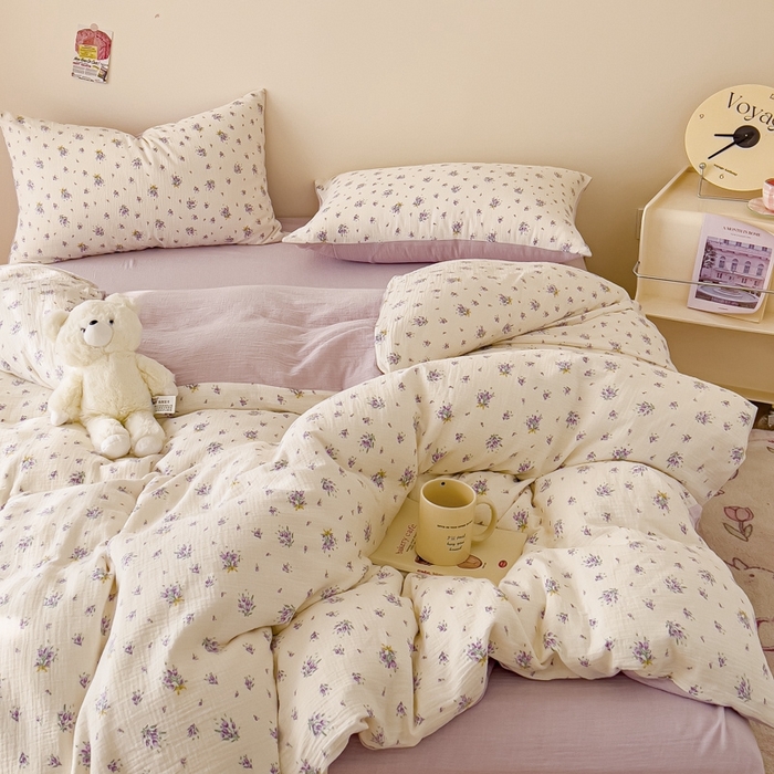 91家纺网 家纺一手货源 找家纺 木楌  2025新款全棉A类皱皱纱印花四件套 紫萱