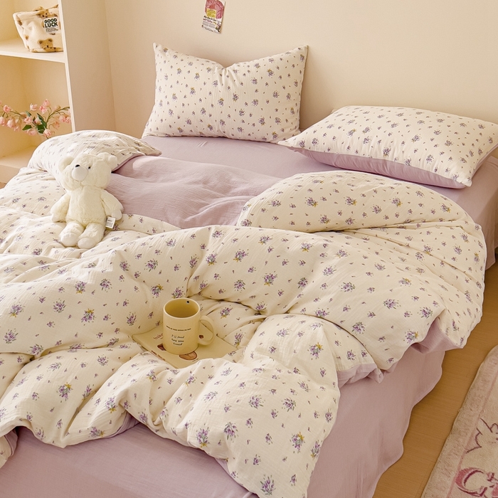 91家纺网 家纺一手货源 找家纺 木楌  2025新款全棉A类皱皱纱印花四件套 紫萱