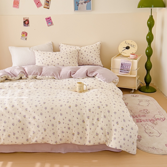 91家纺网 家纺一手货源 找家纺 木楌  2025新款全棉A类皱皱纱印花四件套 紫萱