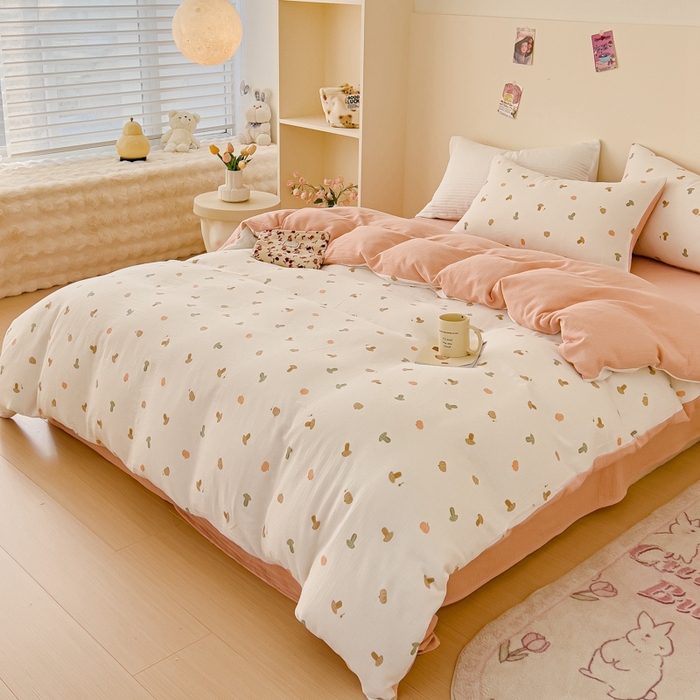 91家纺网 家纺一手货源 找家纺 木楌  2025新款全棉A类皱皱纱印花四件套 小彩蘑