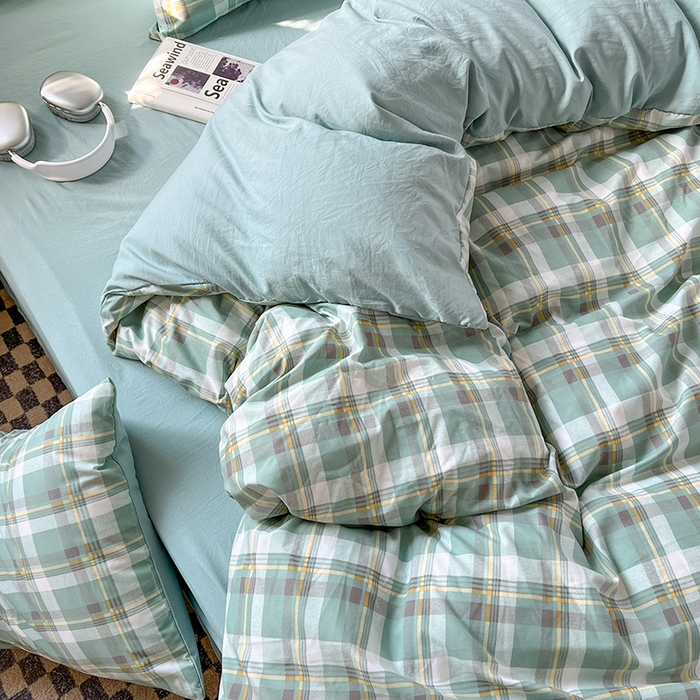 91家纺网 家纺一手货源 找家纺 贝拉梦家纺 2024新款日式简约款格子系水洗棉四件套套件系列-四件套 简兮-绿