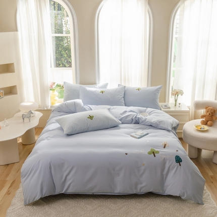 艾莱家纺 2024新款水洗棉加厚绣花四件套-眷恋 眷恋-晴空蓝