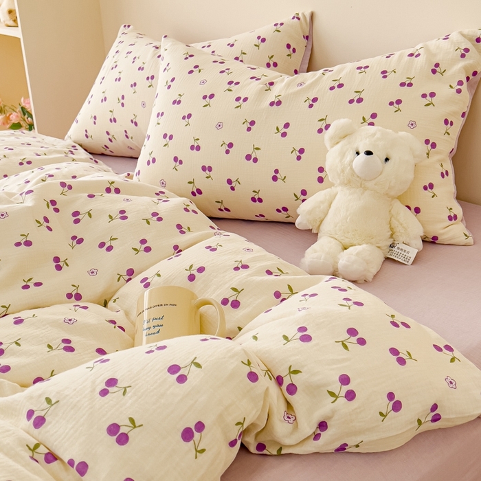 91家纺网 家纺一手货源 找家纺 木楌  2025新款全棉A类皱皱纱印花四件套 樱桃