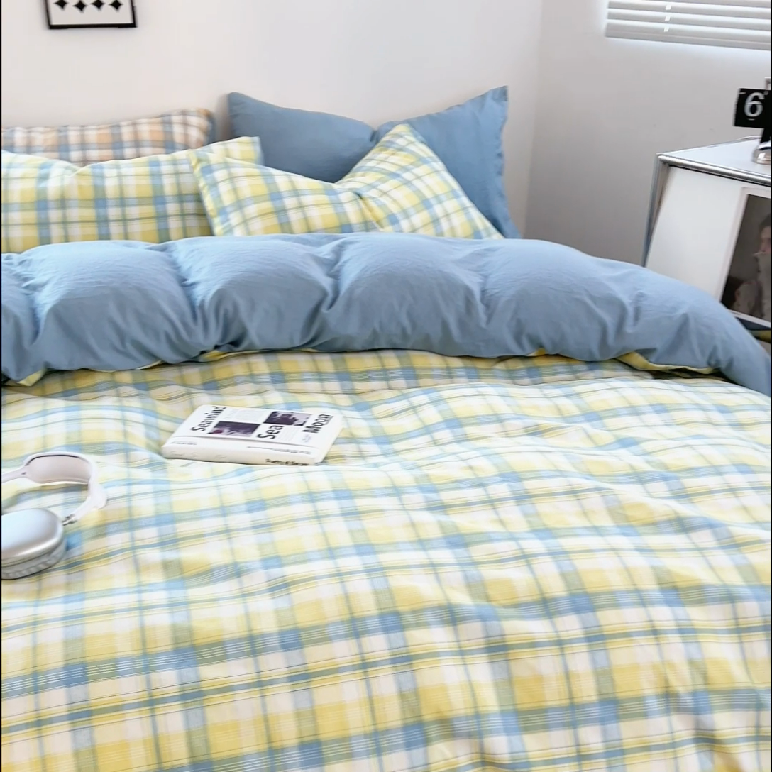 91家纺网 家纺一手货源 找家纺 贝拉梦家纺 2024新款日式简约款格子系水洗棉四件套套件系列-四件套 贝拉-黄