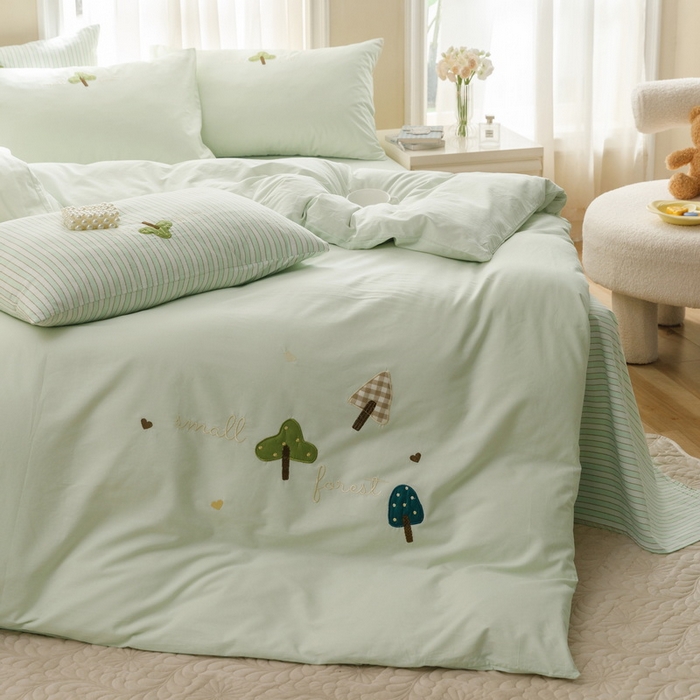 91家纺网 家纺一手货源 找家纺 艾莱家纺 2024新款水洗棉加厚绣花四件套-眷恋 眷恋-青草绿
