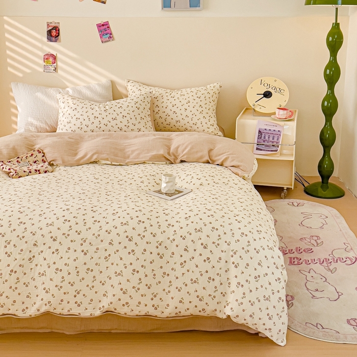 91家纺网 家纺一手货源 找家纺 木楌  2025新款全棉A类皱皱纱印花四件套 芮芮花