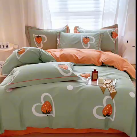 91家纺网 家纺一手货源 找家纺 曼秀琳家纺 2024新款活性全棉印花四件套 爱心草莓