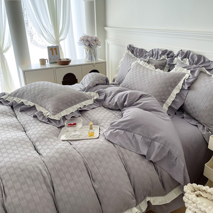 91家纺网 家纺一手货源 找家纺 布可家纺 2025新款泡泡纱水洗双层边四件套-欢乐颂系列 欢乐颂-灰