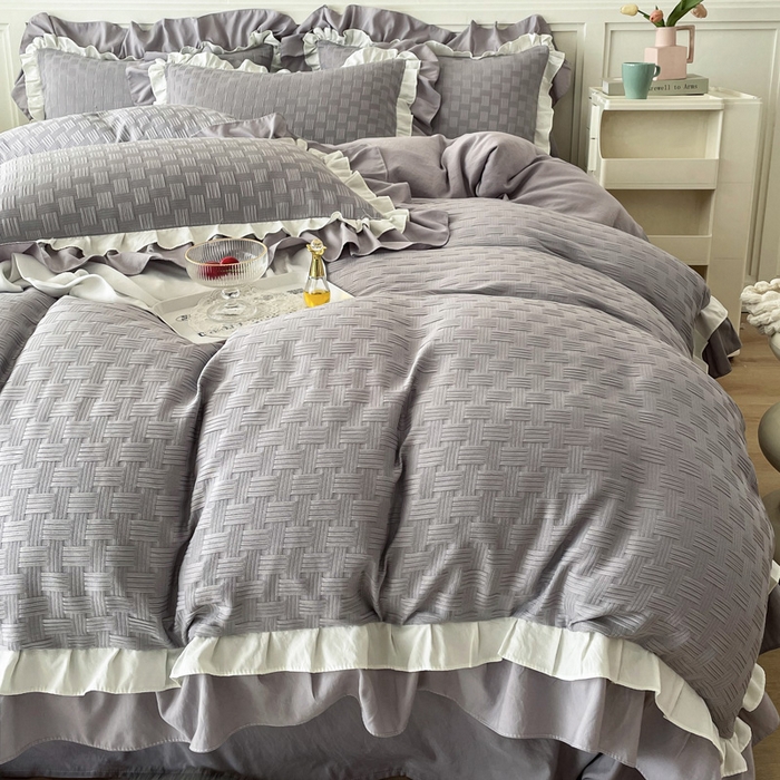 91家纺网 家纺一手货源 找家纺 布可家纺 2025新款泡泡纱水洗双层边四件套-欢乐颂系列 欢乐颂-灰