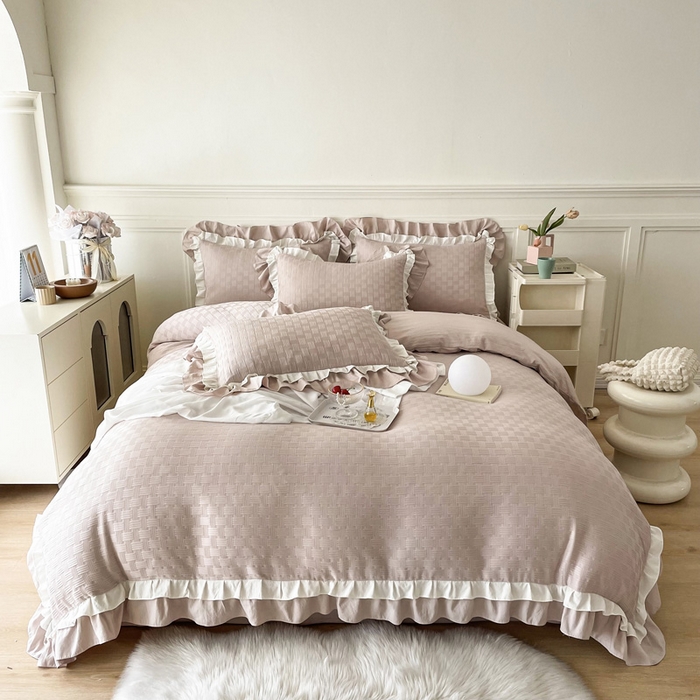 91家纺网 家纺一手货源 找家纺 布可家纺 2025新款泡泡纱水洗双层边四件套-欢乐颂系列 欢乐颂-卡其