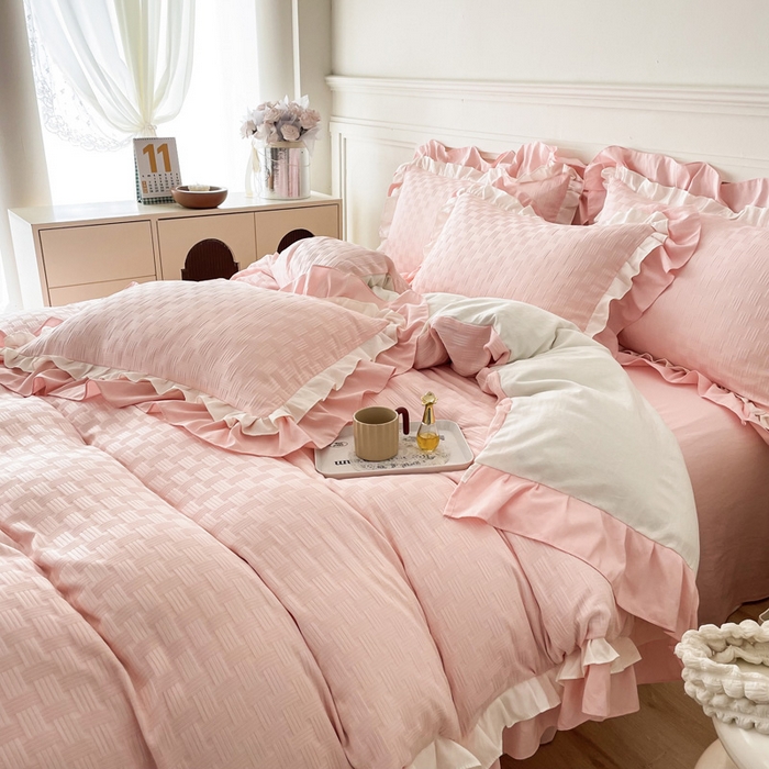 91家纺网 家纺一手货源 找家纺 布可家纺 2025新款泡泡纱水洗双层边四件套-欢乐颂系列 欢乐颂-粉