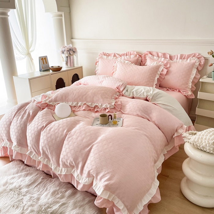 91家纺网 家纺一手货源 找家纺 布可家纺 2025新款泡泡纱水洗双层边四件套-欢乐颂系列 欢乐颂-粉