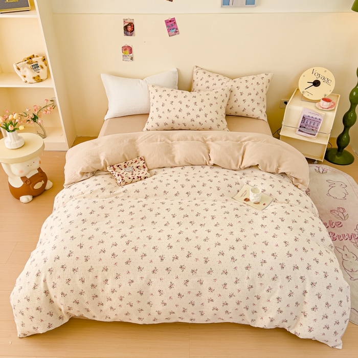 91家纺网 家纺一手货源 找家纺 木楌  2025新款全棉A类皱皱纱印花四件套 洛依