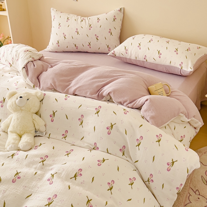 91家纺网 家纺一手货源 找家纺 木楌  2025新款全棉A类皱皱纱印花四件套 知音