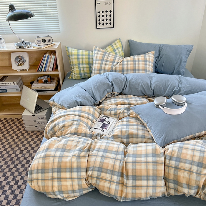 91家纺网 家纺一手货源 找家纺 贝拉梦家纺 2024新款日式简约格子系水洗棉床单款床笠款套件系列-单被套 贝拉-咖